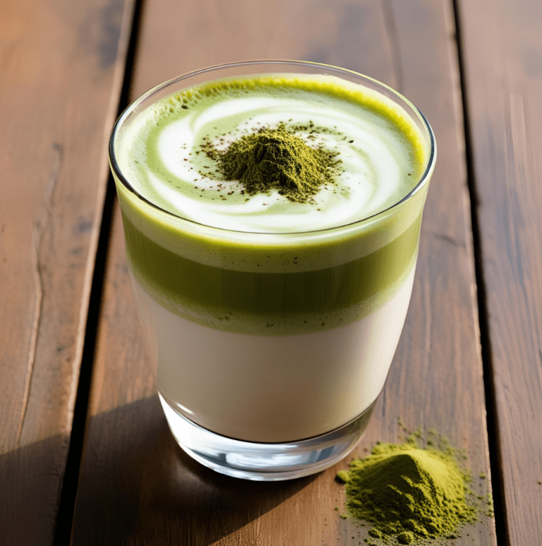 A creamy coconut matcha latte in a clear glass, topped with a mound of matcha powder, sitting on a wooden surface.