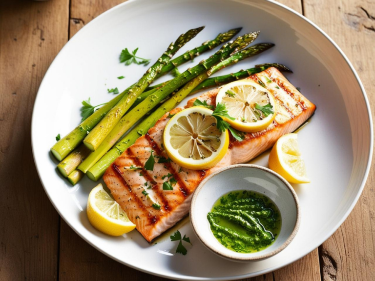 A rustic plate with grilled salmon, asparagus, and a bowl of herb sauce.