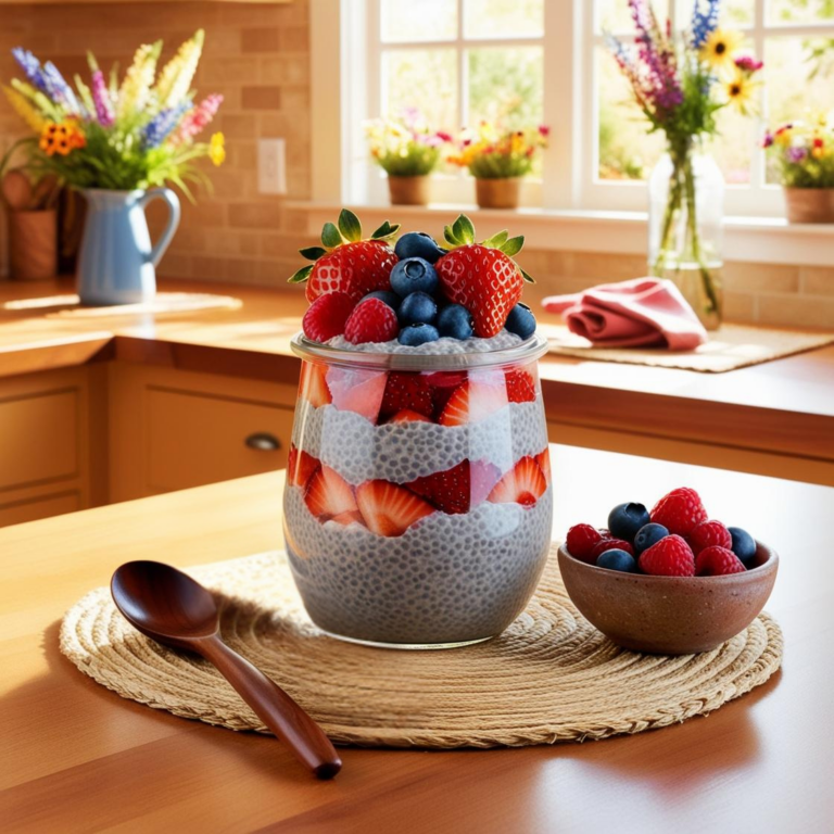 A glass jar filled with chia pudding, layered with fresh strawberries, blueberries, and raspberries, placed on a wooden kitchen counter with a small bowl of berries on the side.