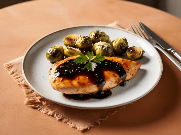 A whole roasted chicken leg covered in balsamic glaze, served with roasted Brussels sprouts on a white plate.