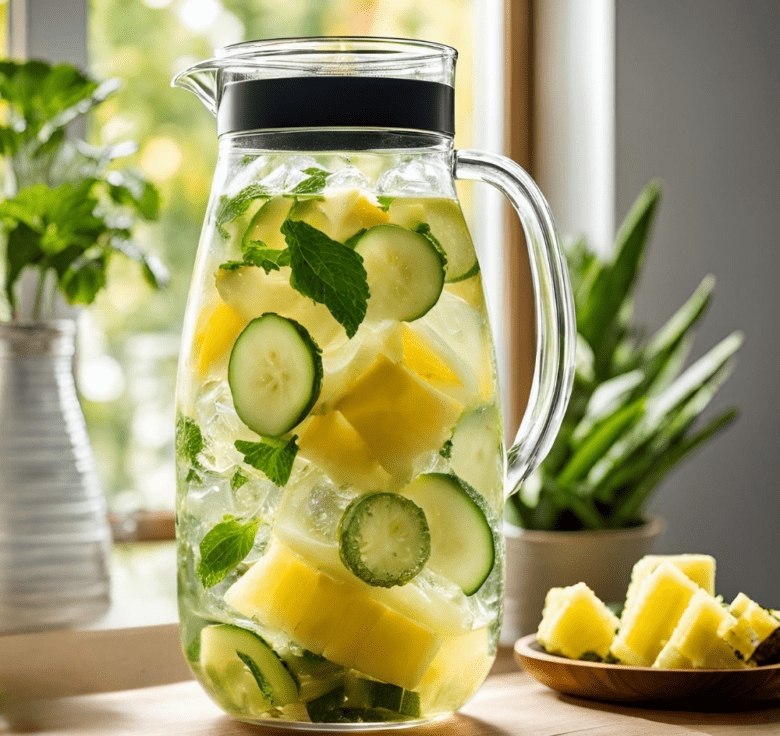A glass pitcher of pineapple cucumber detox water with ice, placed near a whole pineapple and a bowl of freshly cut pineapple chunks.