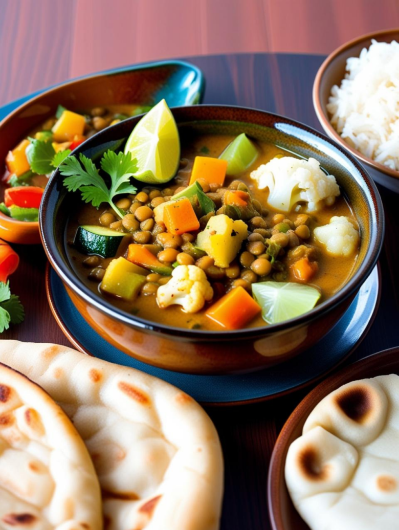 A lentil and vegetable curry bowl with naan and a plate of white rice on a dark wooden table.