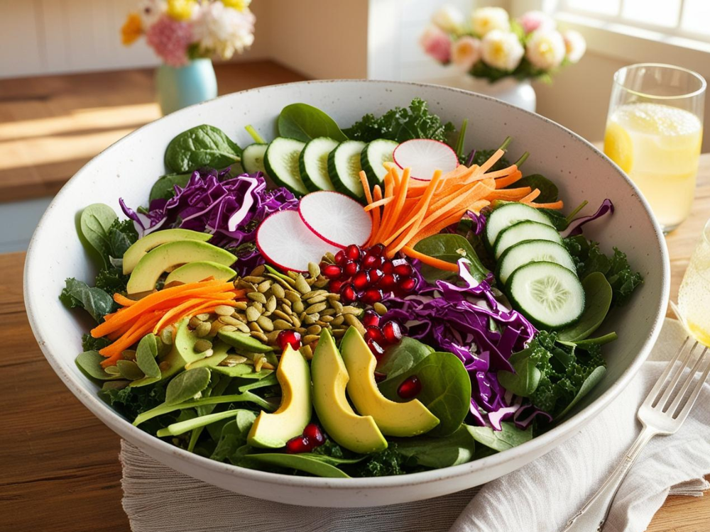 A close-up of a salad bowl filled with fresh spinach, kale, cucumbers, shredded carrots, radishes, avocado, and pumpkin seeds, with a lemon slice on top for garnish.