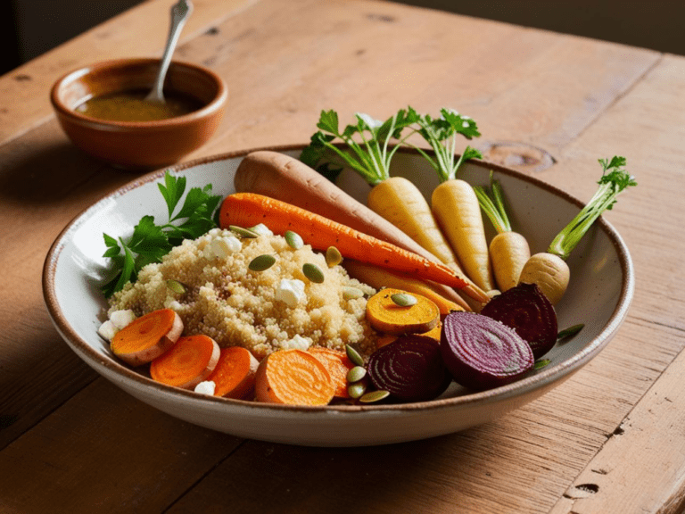 A beautifully arranged quinoa bowl with roasted root vegetables, fresh herbs, and a drizzle of dressing.