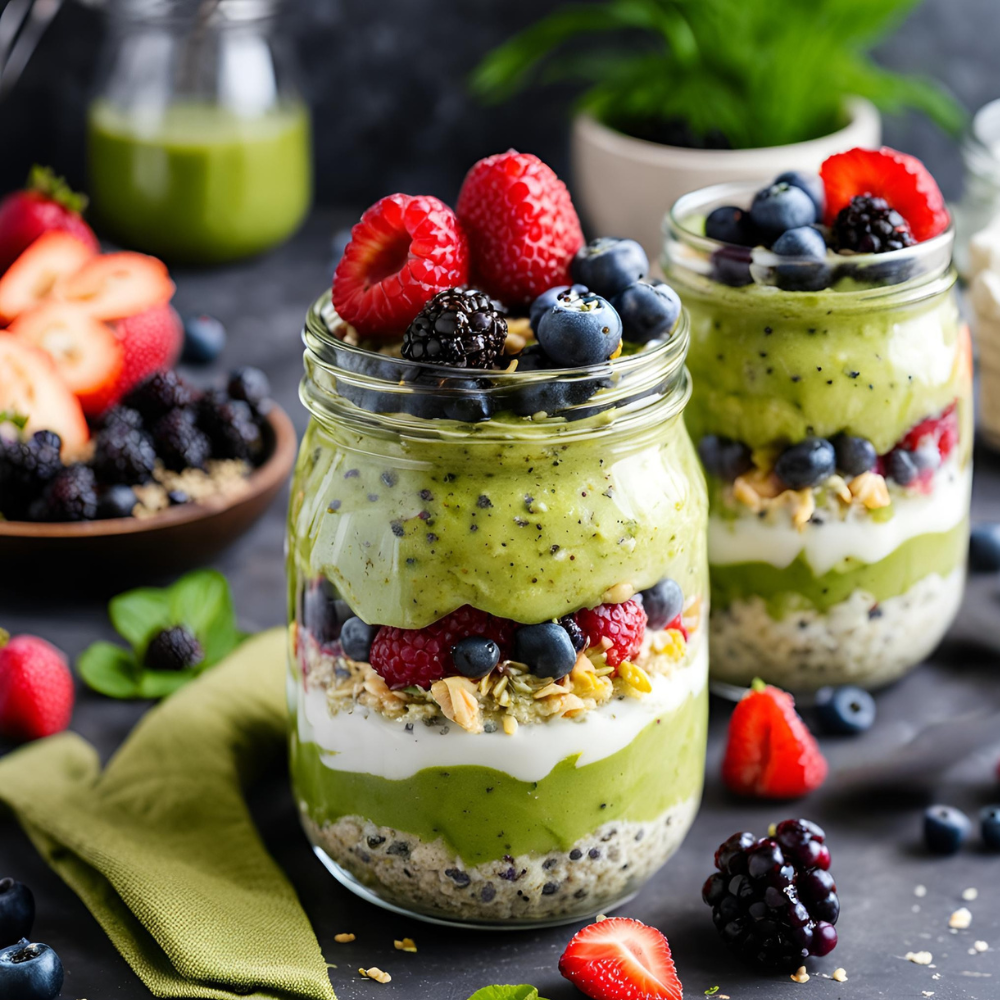 A matcha overnight oats jar with a mix of strawberries, blueberries, and granola, served on a cozy breakfast table.