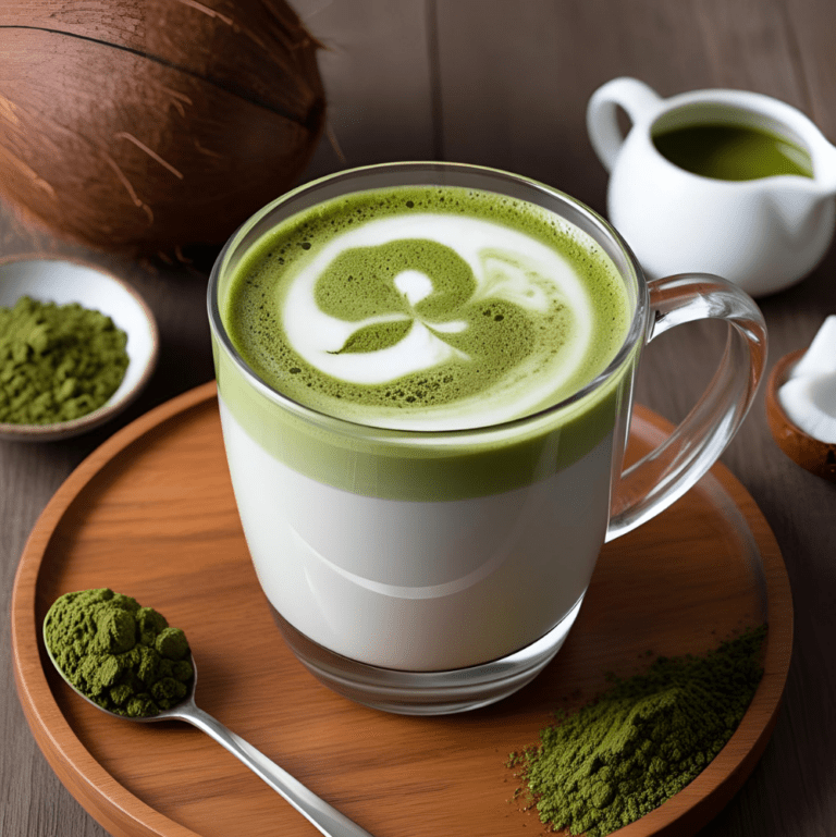 A glass mug of coconut matcha latte, topped with frothy milk and a clover-shaped latte art, surrounded by matcha powder and coconut elements.