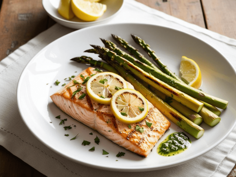A minimalistic white plate with grilled salmon, asparagus, and fresh lemon slices.