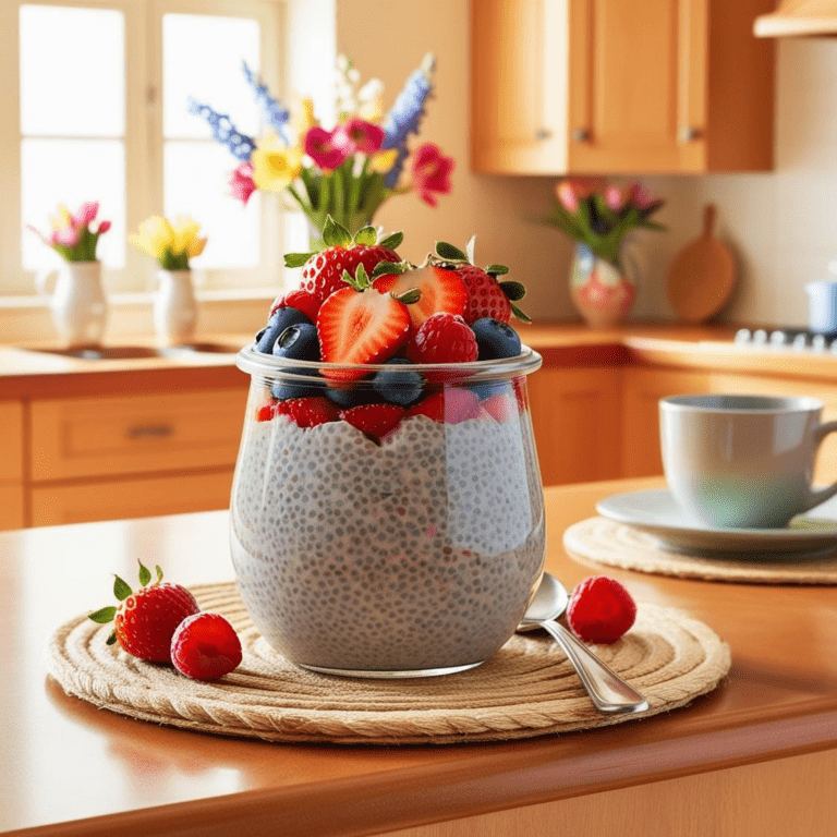 A glass jar filled with chia pudding, layered with fresh strawberries, blueberries, and raspberries, placed on a wooden kitchen counter with a small bowl of berries on the side.