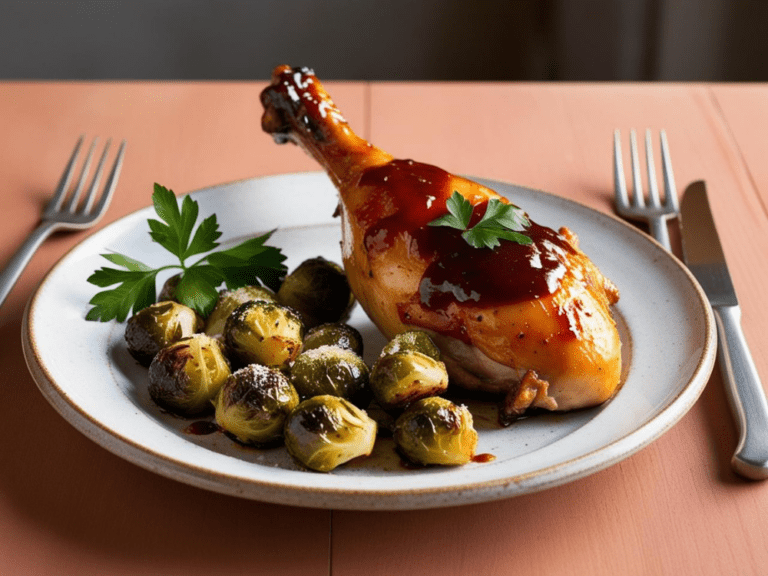 A balsamic glazed chicken breast on a plate with a side of roasted Brussels sprouts.