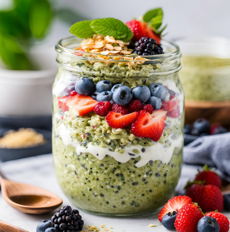 A small bowl of matcha oats with nuts and seeds, placed on a rustic wooden table.