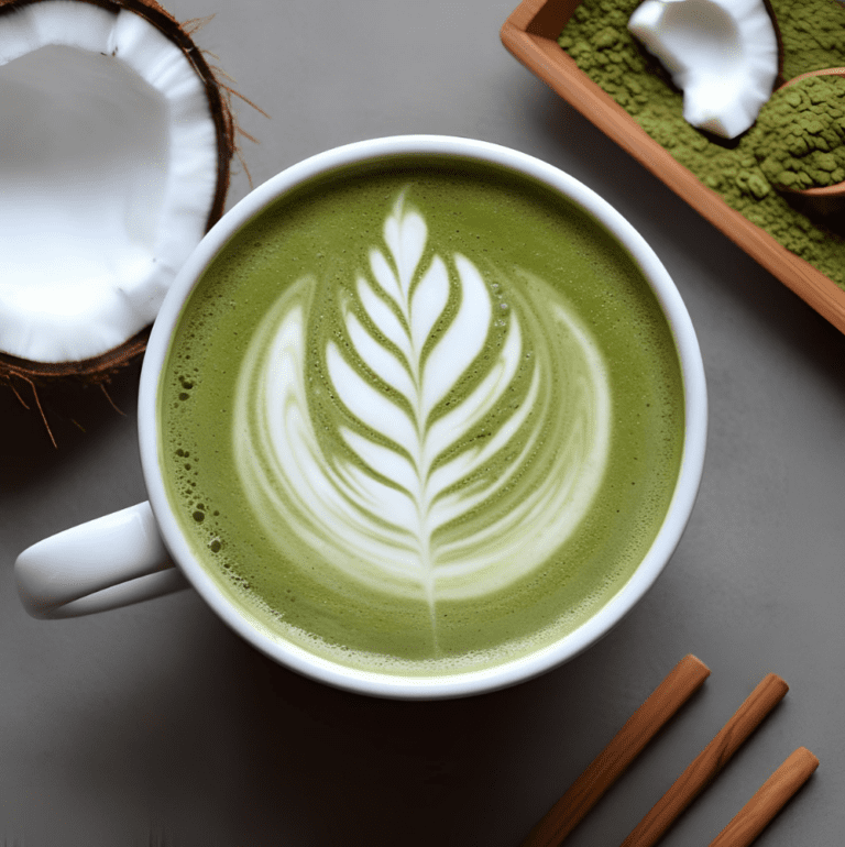 A ceramic mug filled with coconut matcha latte, featuring a symmetrical leaf-like latte art pattern, surrounded by coconut pieces and matcha powder.