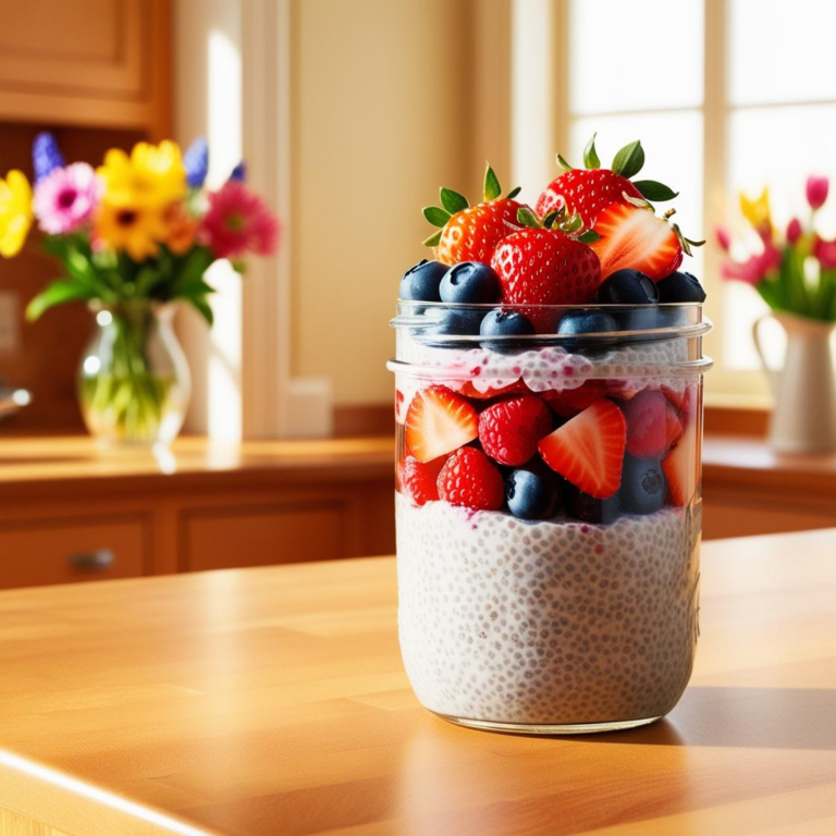 A glass jar filled with chia pudding, layered with fresh strawberries, blueberries, and raspberries, placed on a wooden kitchen counter with a small bowl of berries on the side.