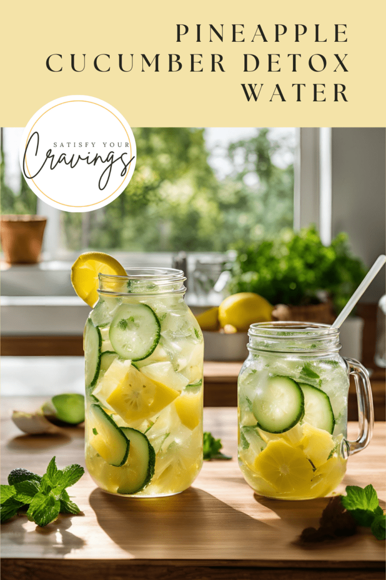 A Pinterest-friendly image featuring two mason jars of pineapple cucumber detox water with a clean, modern design and "Satisfy Your Cravings" branding.