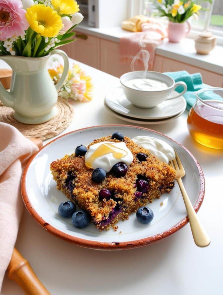 A square slice of quinoa blueberry bake, golden and crispy, topped with honey and yogurt, served on a classic plate with fresh blueberries.
