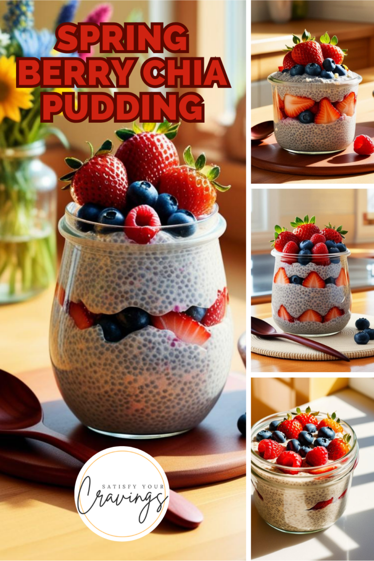 A vertical Pinterest-style collage labeled “Spring Berry Chia Pudding,” featuring multiple images of chia pudding jars topped with fresh strawberries, blueberries, and raspberries.