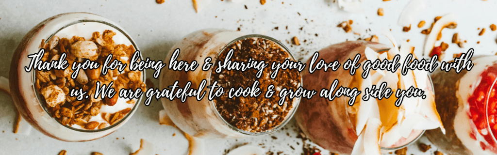 Thank-you banner with layered parfait cups and granola on a bright background.